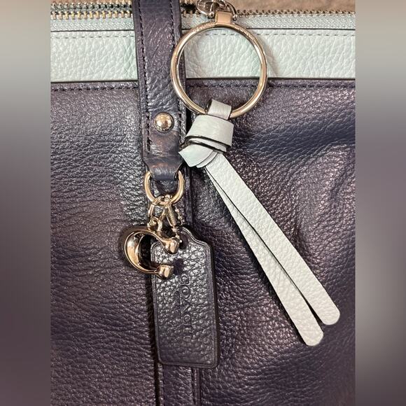 Coach May Navy Blue Pebbled Leather Tote Shoulder Bag Two Tone Light Blue Trim - Picture 6 of 15